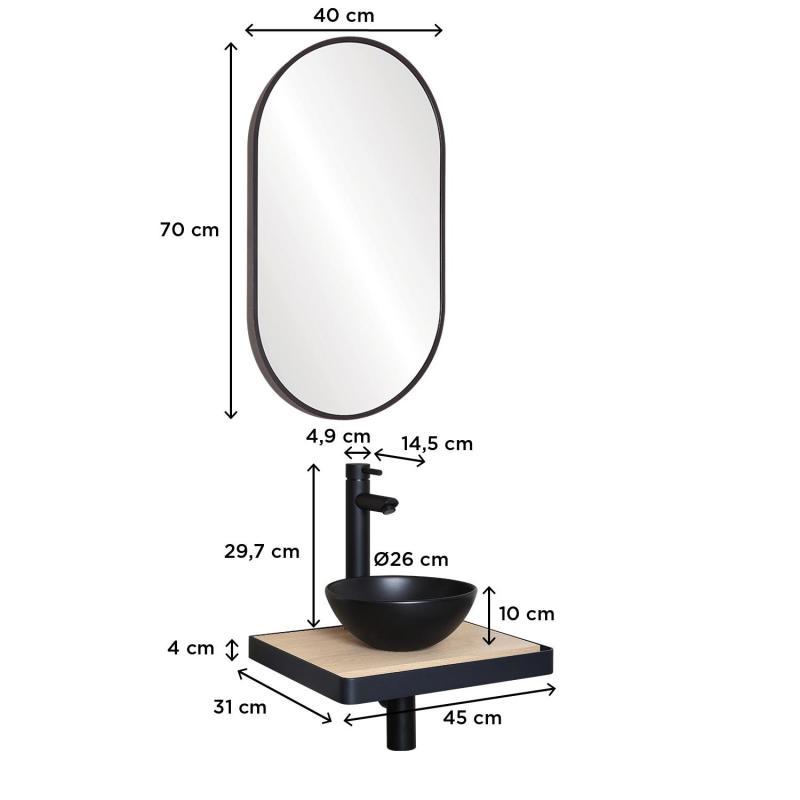Meuble lave-mains plan fin porte-serviettes face + vasque noire + robinet + miroir