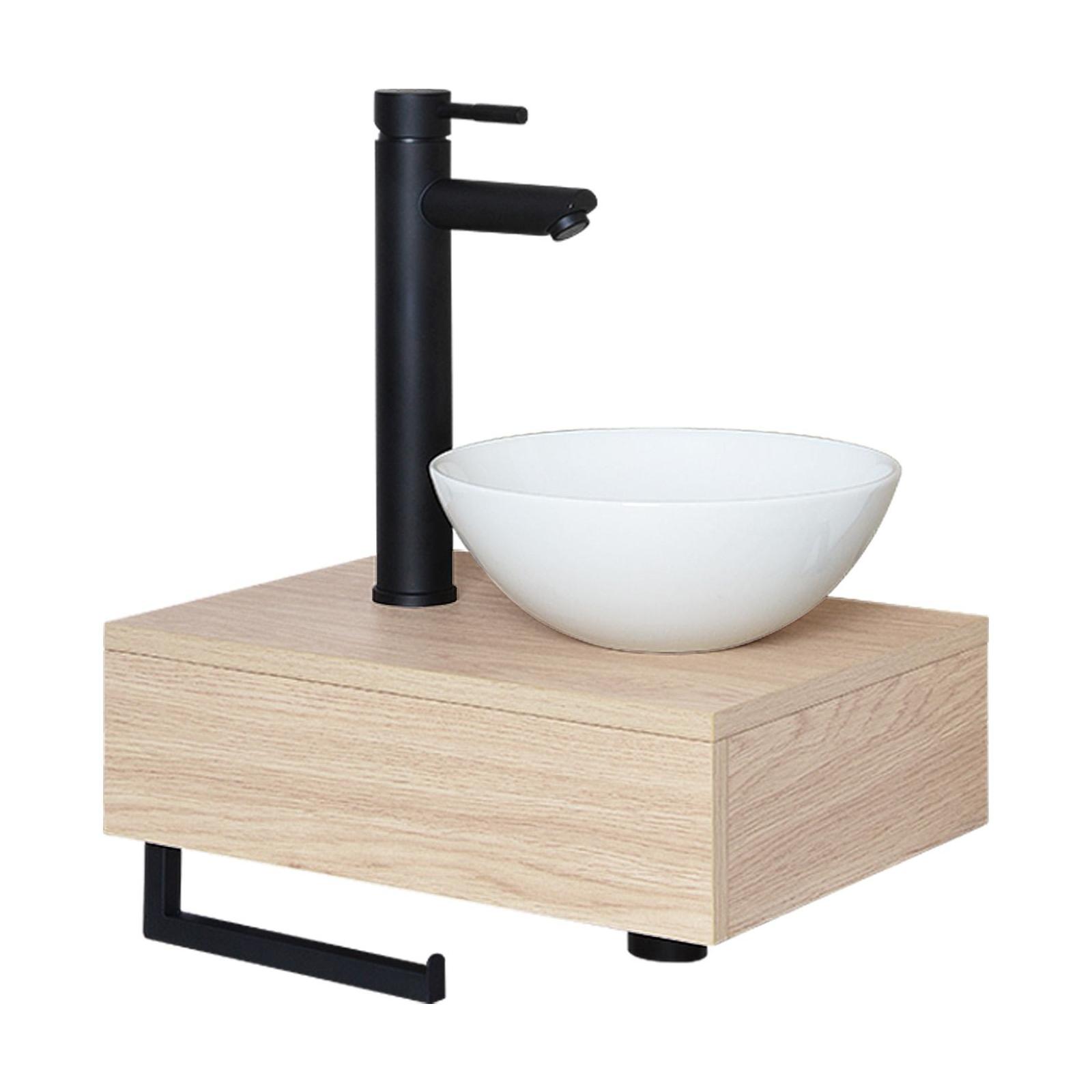 Meuble lave-mains plan fin porte-serviettes dessous + vasque blanche + robinet