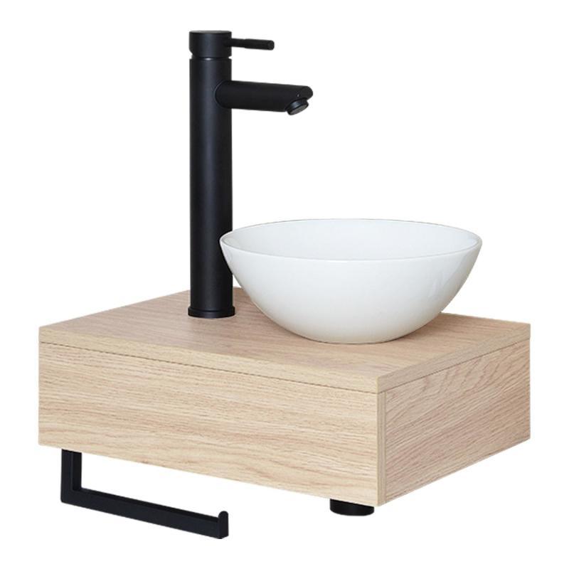 Meuble lave-mains plan fin porte-serviettes dessous + vasque blanche + robinet