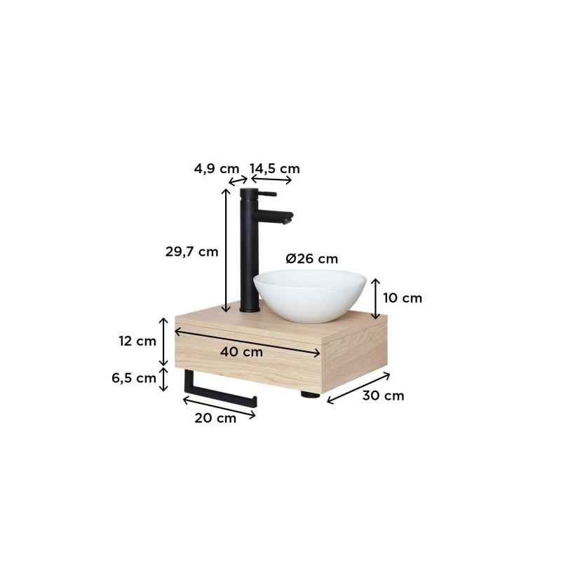 Meuble lave-mains plan fin porte-serviettes dessous + vasque blanche + robinet