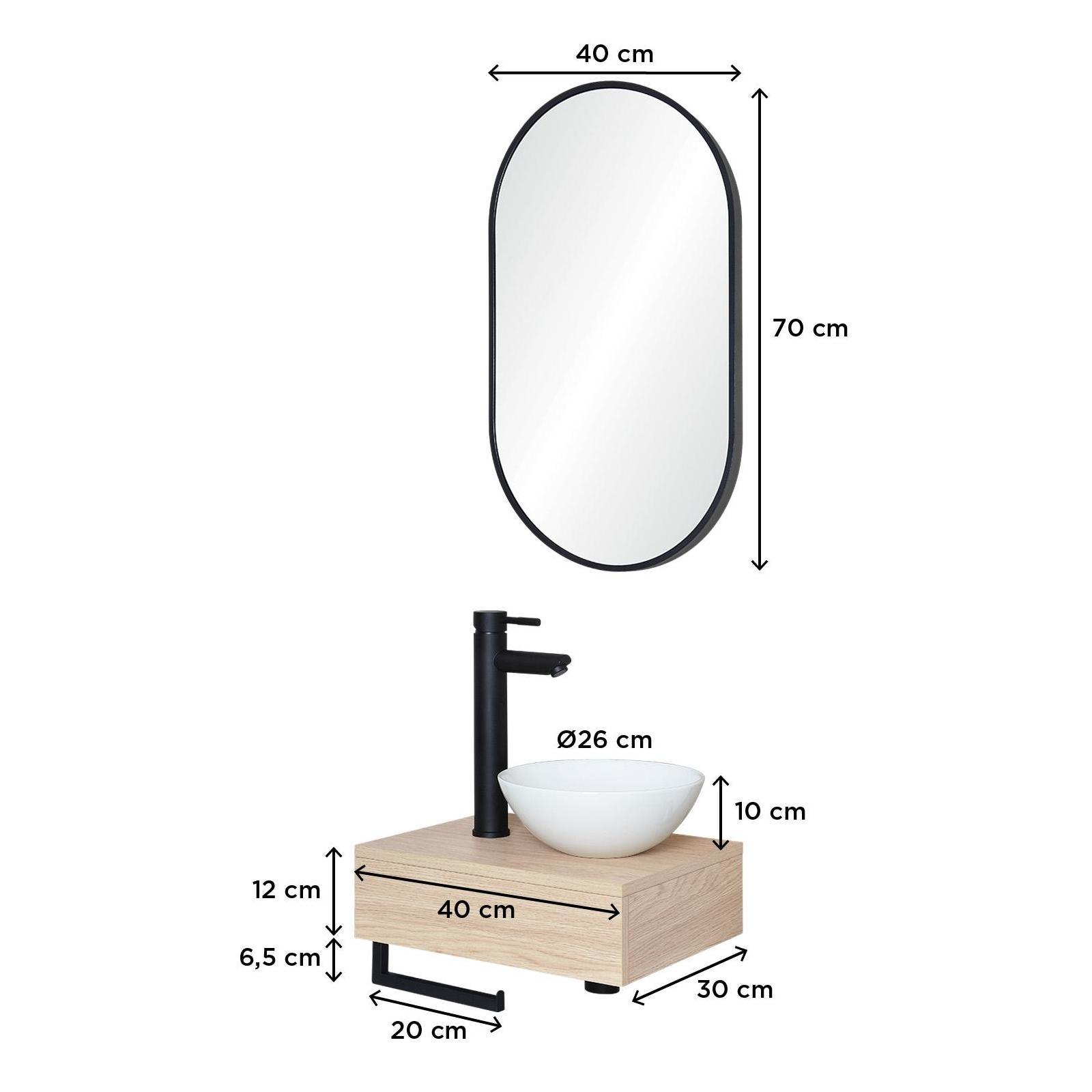 Meuble lave-mains plan épais porte-serviettes dessous + vasque blanche + miroir