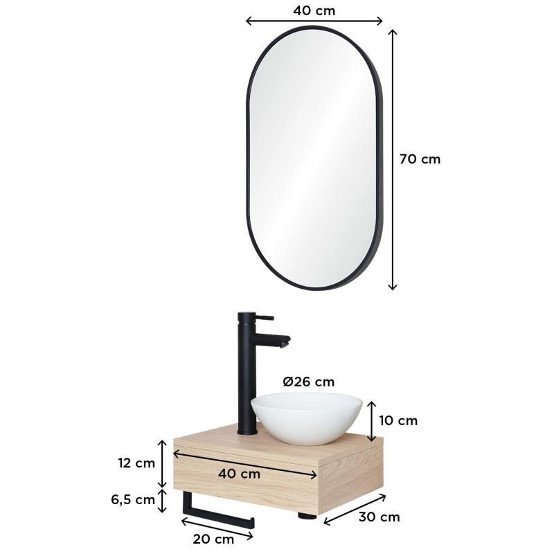 Meuble lave-mains plan épais porte-serviettes dessous + vasque blanche + miroir