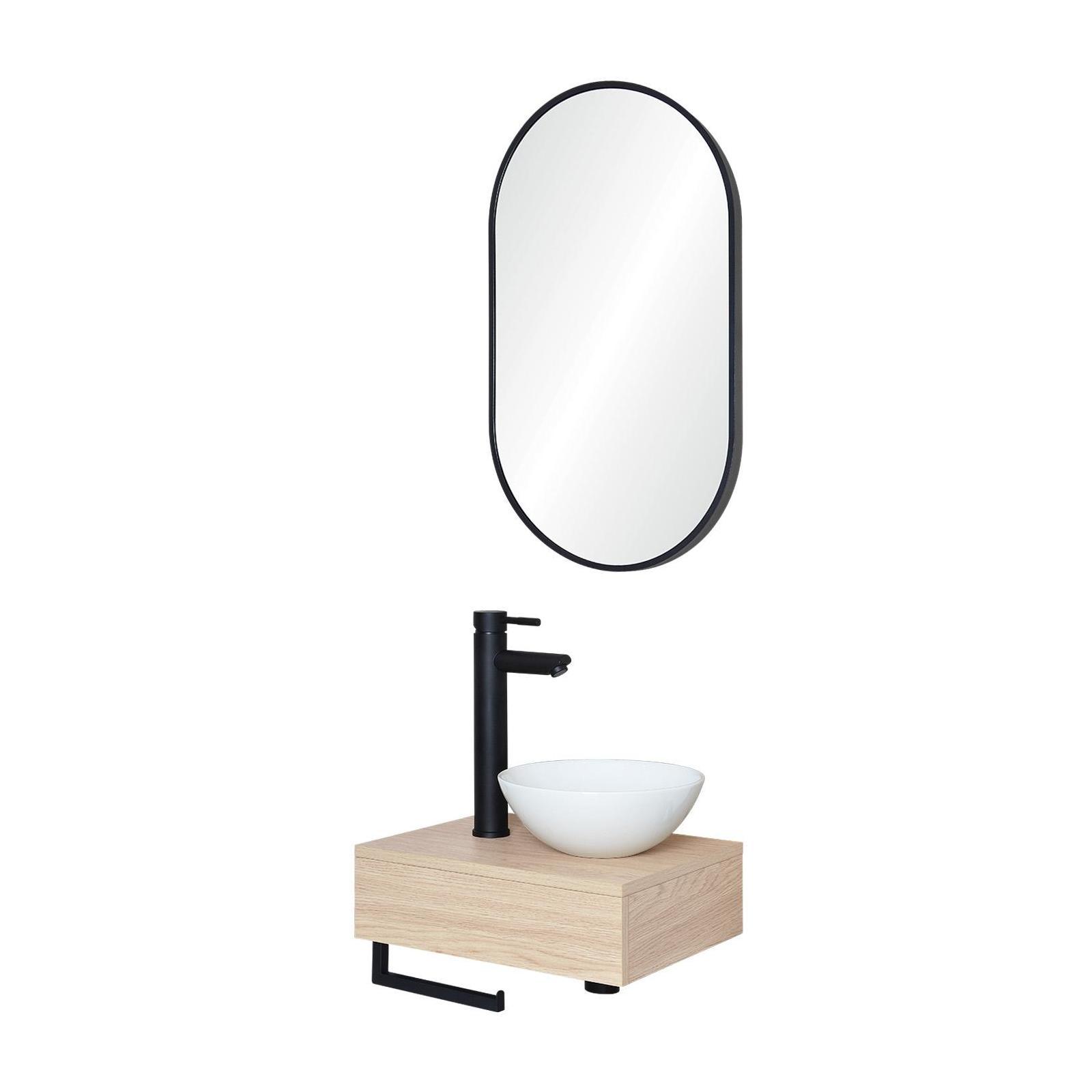 Meuble lave-mains plan épais porte-serviettes dessous + vasque blanche + robinet + miroir