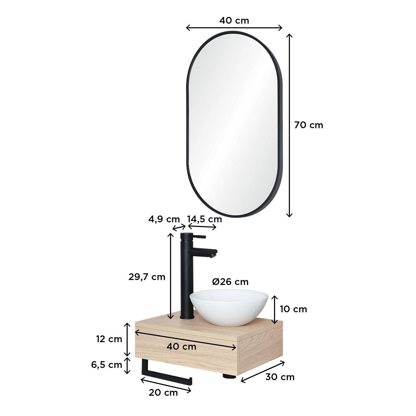 Meuble lave-mains plan épais porte-serviettes dessous + vasque blanche + robinet + miroir