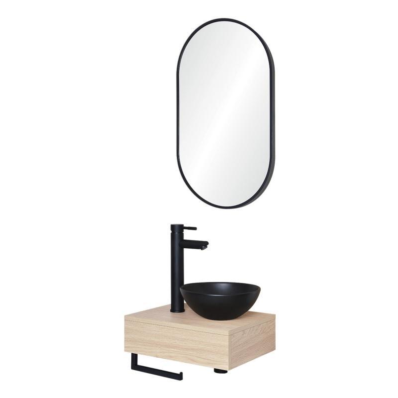 Meuble lave-mains plan épais porte-serviettes dessous + vasque noire + robinet + miroir