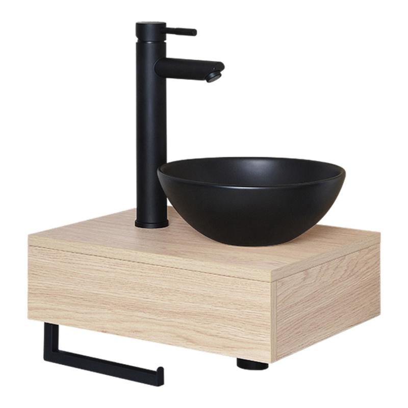 Meuble lave-mains plan épais porte-serviettes dessous + vasque noire + robinet