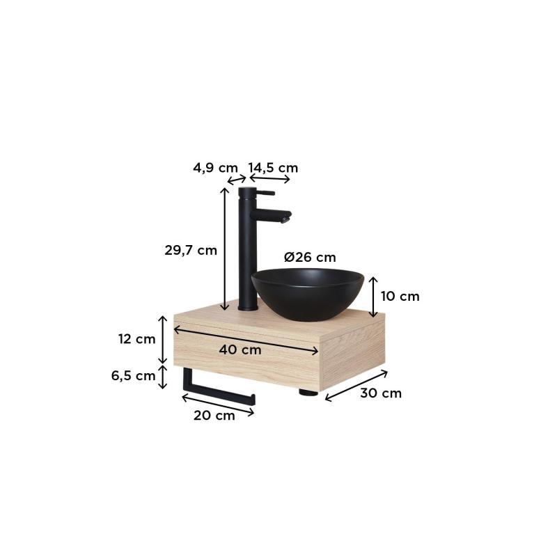 Meuble lave-mains plan épais porte-serviettes dessous + vasque noire + robinet