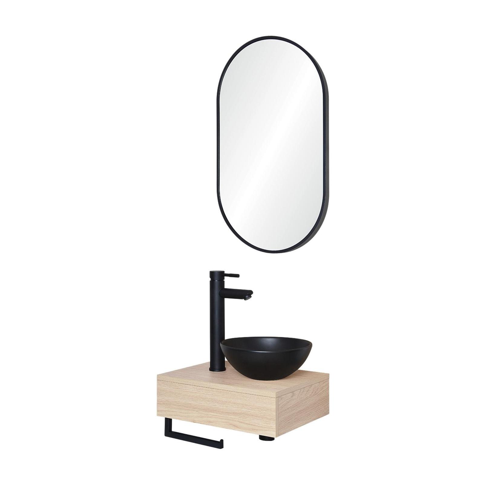 Meuble lave-mains plan épais porte-serviettes dessous + vasque noire + miroir