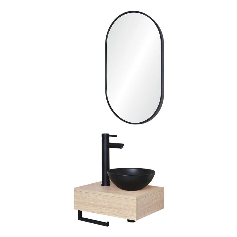 Meuble lave-mains plan épais porte-serviettes dessous + vasque noire + miroir