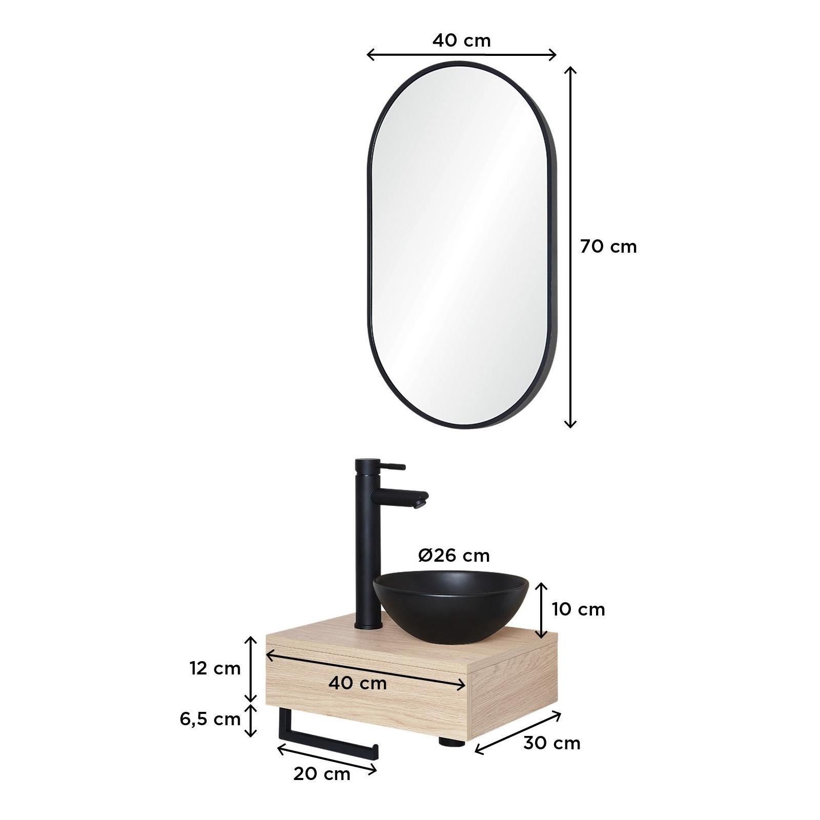 Meuble lave-mains plan épais porte-serviettes dessous + vasque noire + miroir