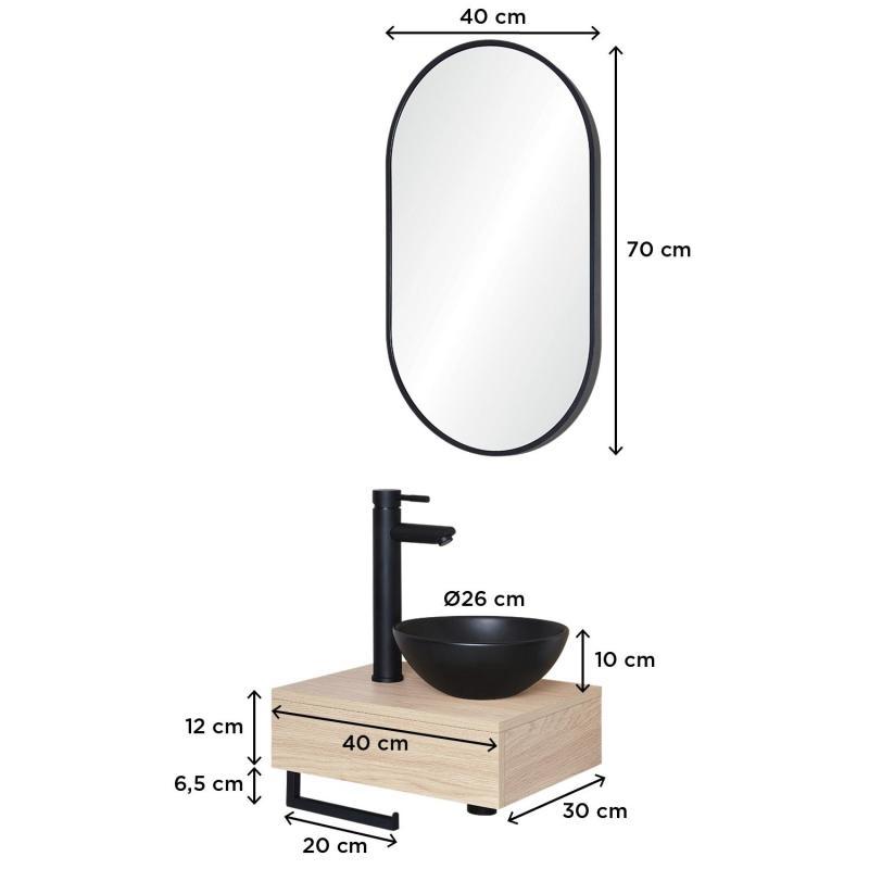Meuble lave-mains plan épais porte-serviettes dessous + vasque noire + miroir