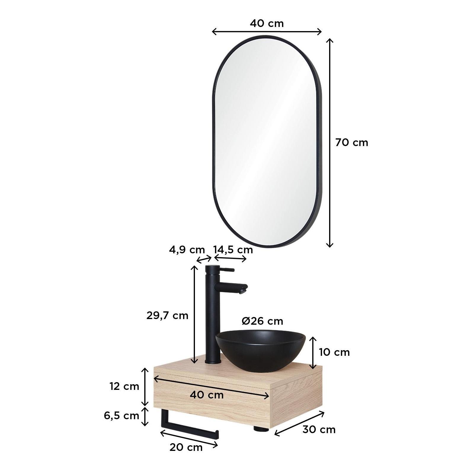 Meuble lave-mains plan épais porte-serviettes dessous + vasque noire + robinet + miroir