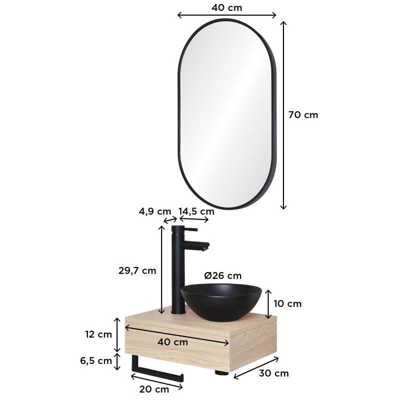 Meuble lave-mains plan épais porte-serviettes dessous + vasque noire + robinet + miroir