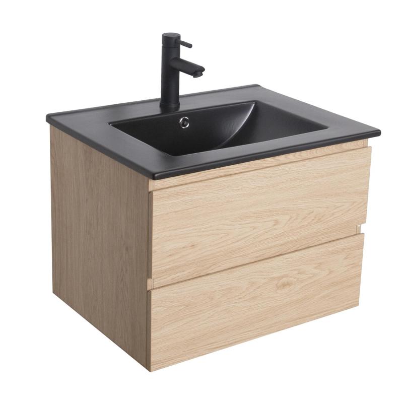 Meuble simple vasque décor chêne 60cm + vasque noire