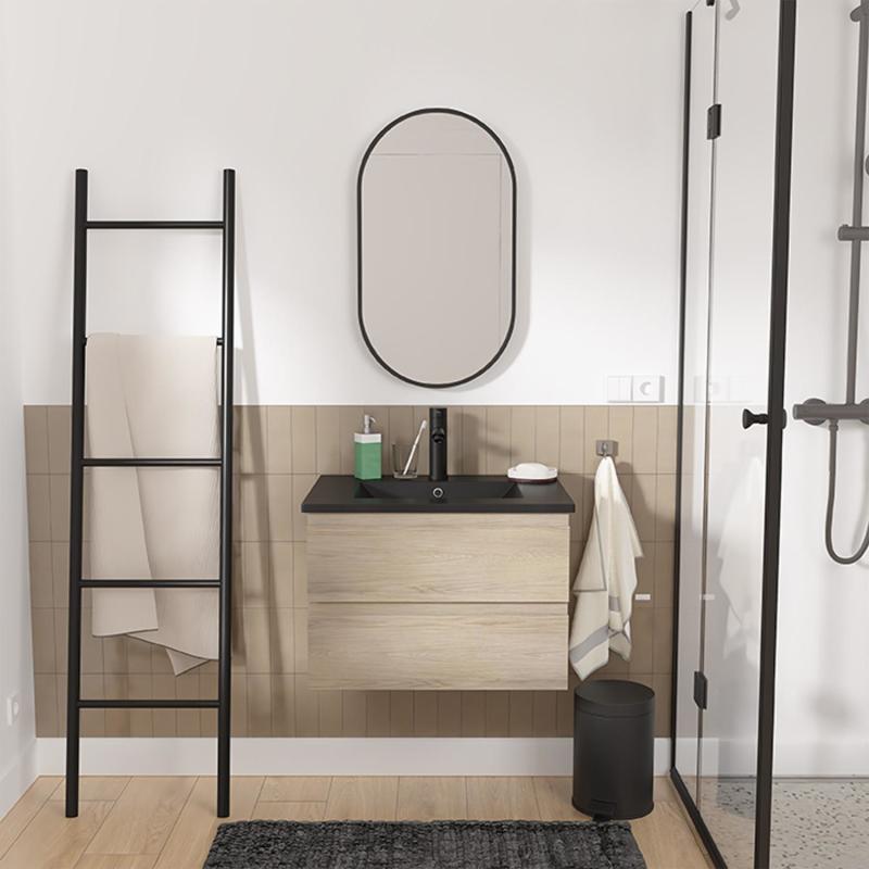 Ensemble meuble simple vasque décor chêne 60cm + vasque noire + robinet + miroir