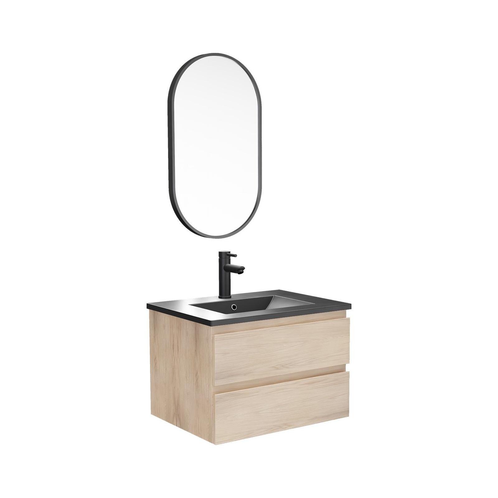 Ensemble meuble simple vasque décor chêne 60cm + vasque noire + robinet + miroir