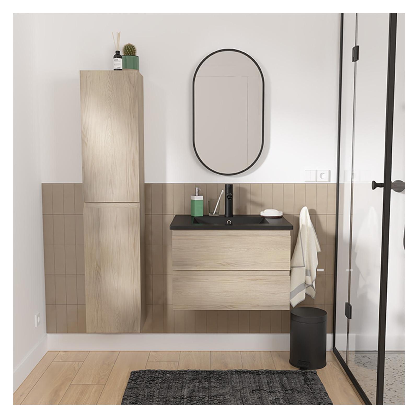 Ensemble meuble simple vasque décor chêne 60cm + vasque noire + robinet + miroir + colonne