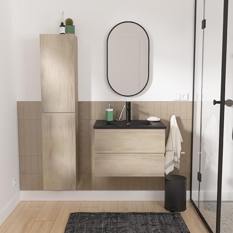 Ensemble meuble simple vasque décor chêne 60cm + vasque noire + robinet + miroir + colonne