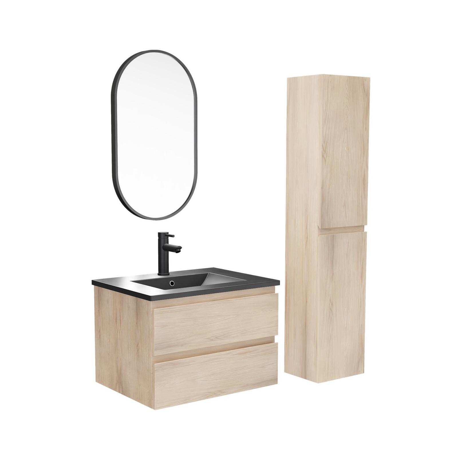 Ensemble meuble simple vasque décor chêne 60cm + vasque noire + robinet + miroir + colonne