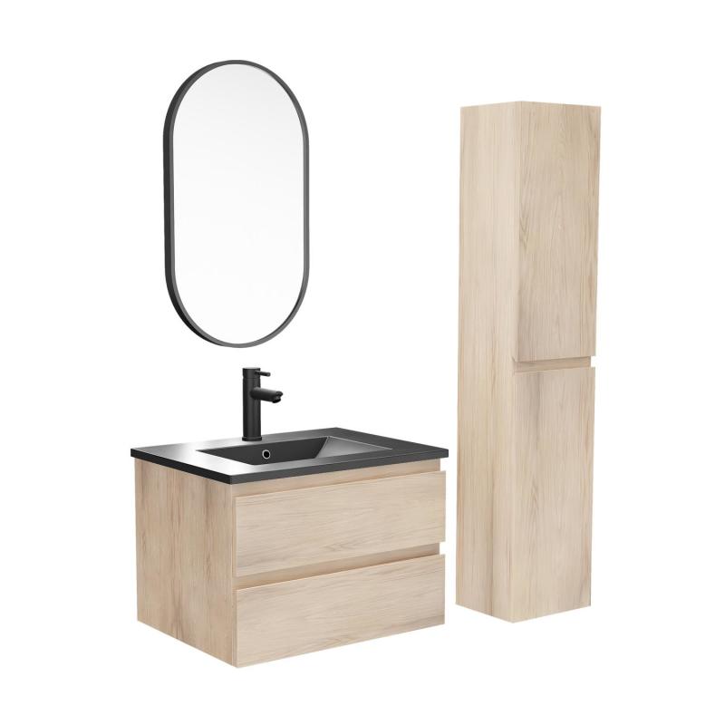 Ensemble meuble simple vasque décor chêne 60cm + vasque noire + robinet + miroir + colonne