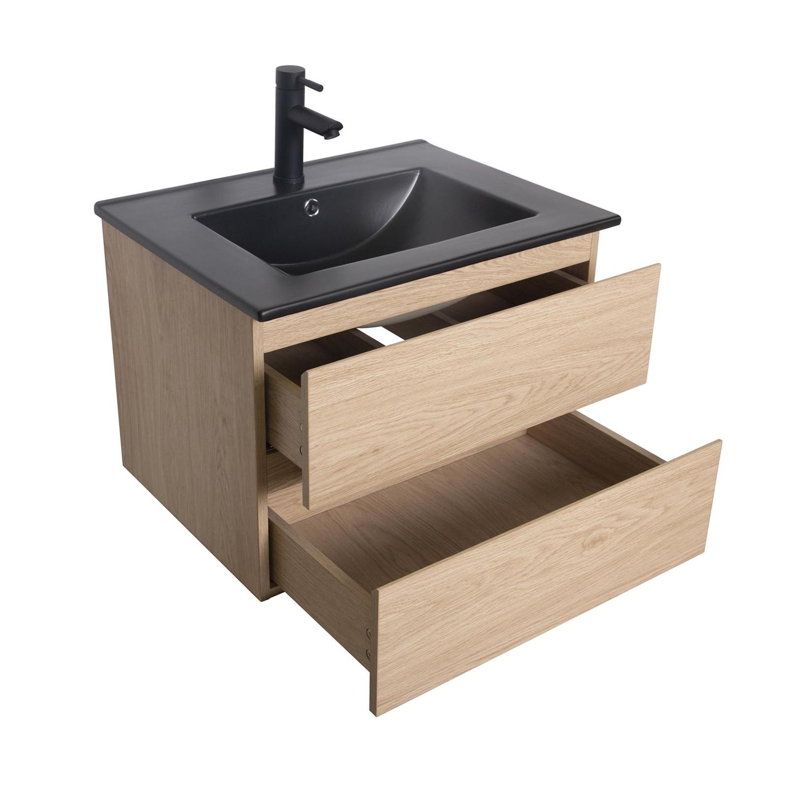 Ensemble meuble simple vasque décor chêne 60cm + vasque noire + robinet + miroir + colonne