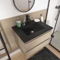 Ensemble meuble simple vasque décor chêne 60cm + vasque noire + robinet + miroir + colonne