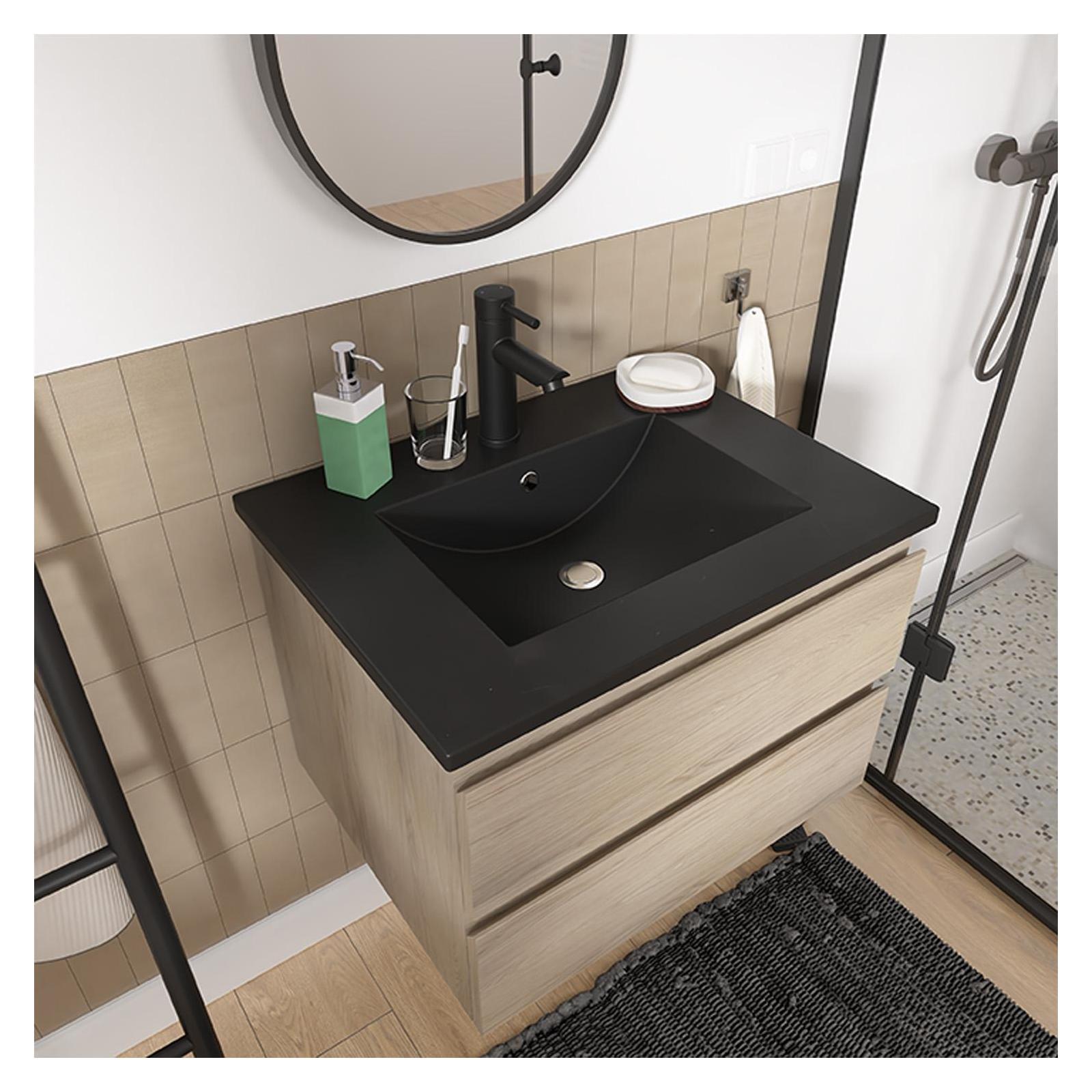 Ensemble meuble simple vasque décor chêne 60cm + vasque noire + robinet + miroir + colonne