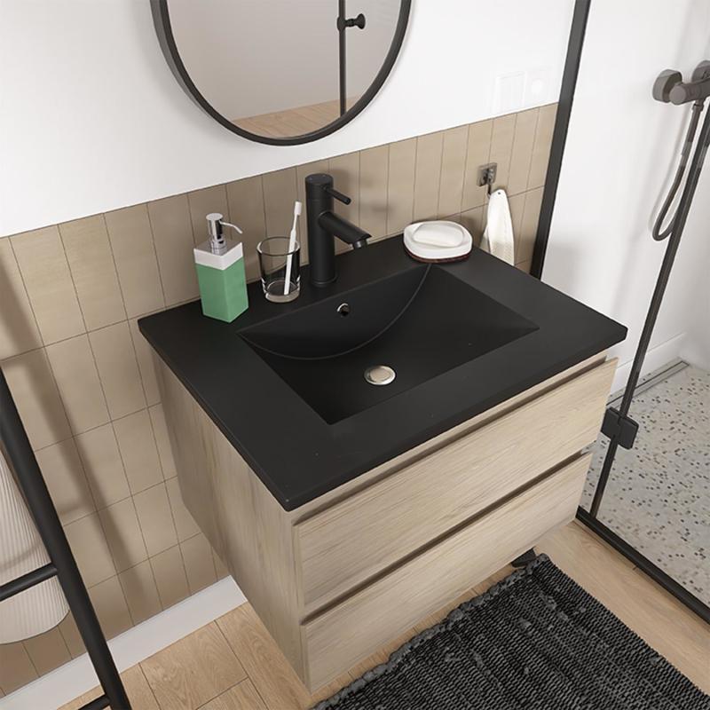 Ensemble meuble simple vasque décor chêne 60cm + vasque noire + robinet + miroir + colonne