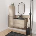 Ensemble meuble simple vasque décor chêne 60cm + vasque noire + robinet + miroir + colonne