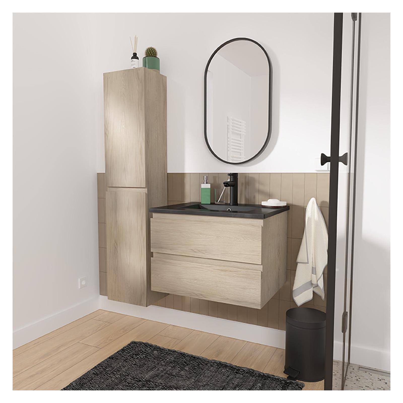 Ensemble meuble simple vasque décor chêne 60cm + vasque noire + robinet + miroir + colonne