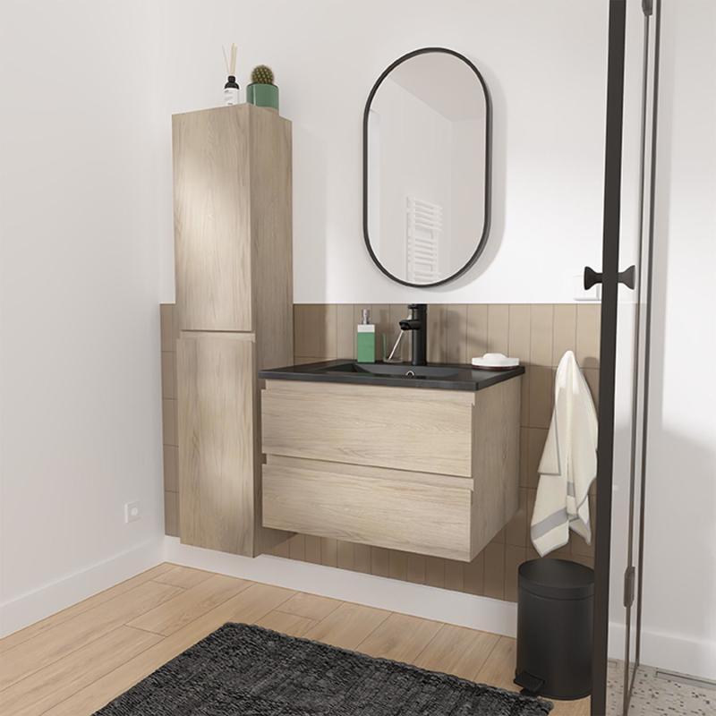 Ensemble meuble simple vasque décor chêne 60cm + vasque noire + robinet + miroir + colonne