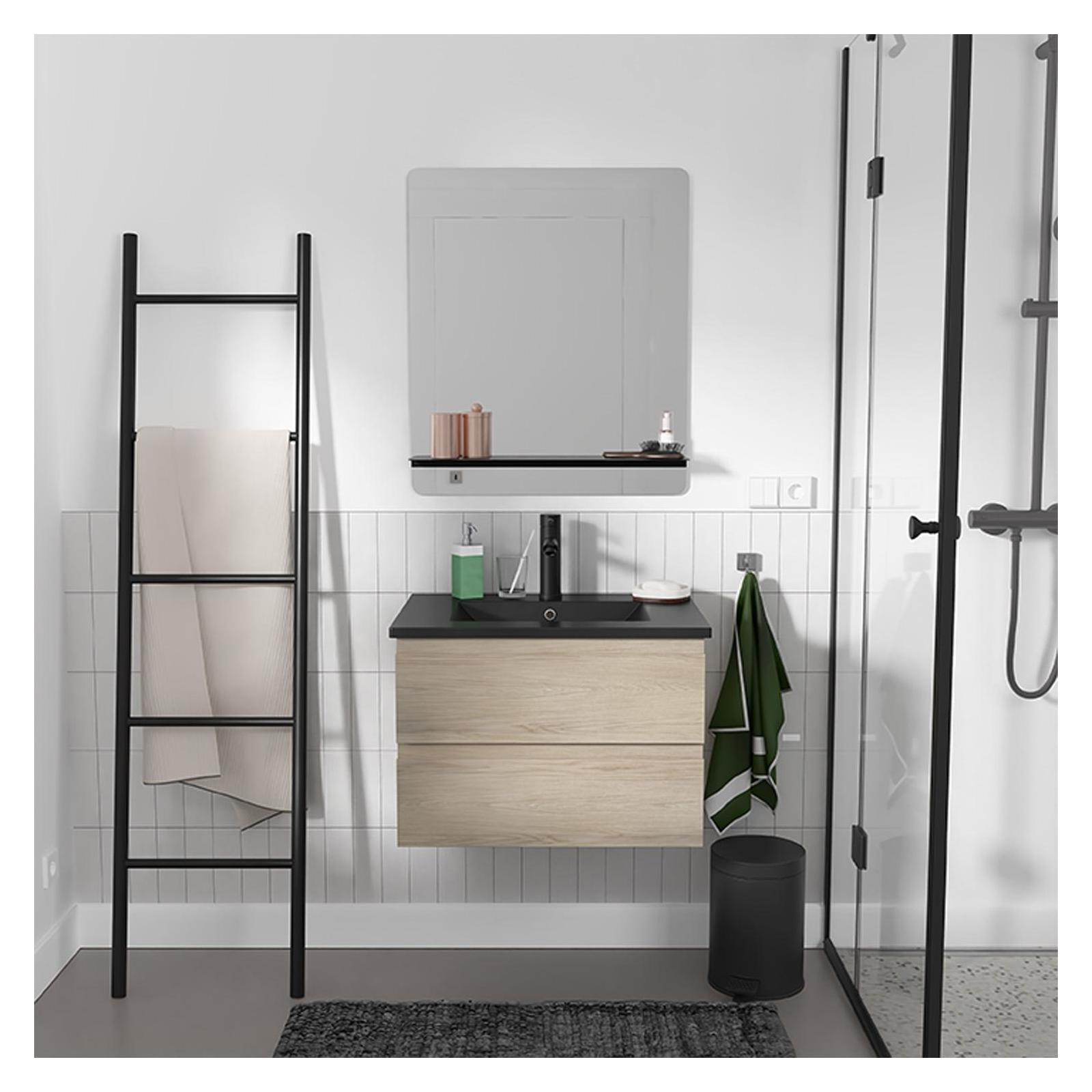Ensemble meuble simple vasque 60cm décor chêne + vasque noire + robinet + miroir