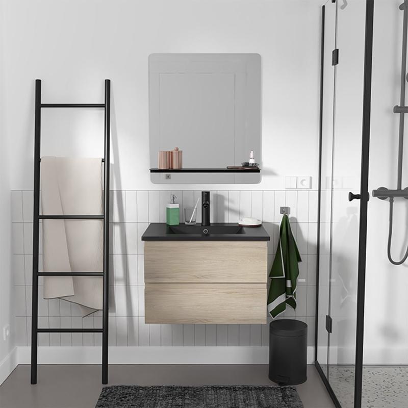 Ensemble meuble simple vasque 60cm décor chêne + vasque noire + robinet + miroir