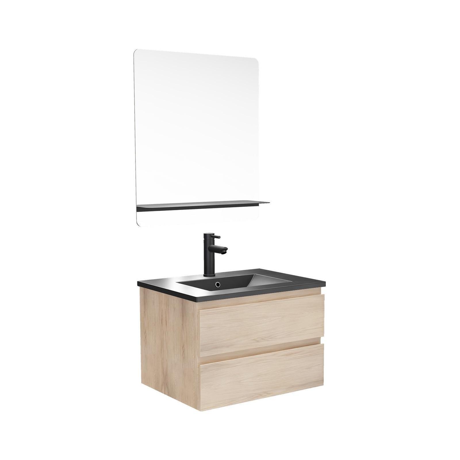 Ensemble meuble simple vasque 60cm décor chêne + vasque noire + robinet + miroir