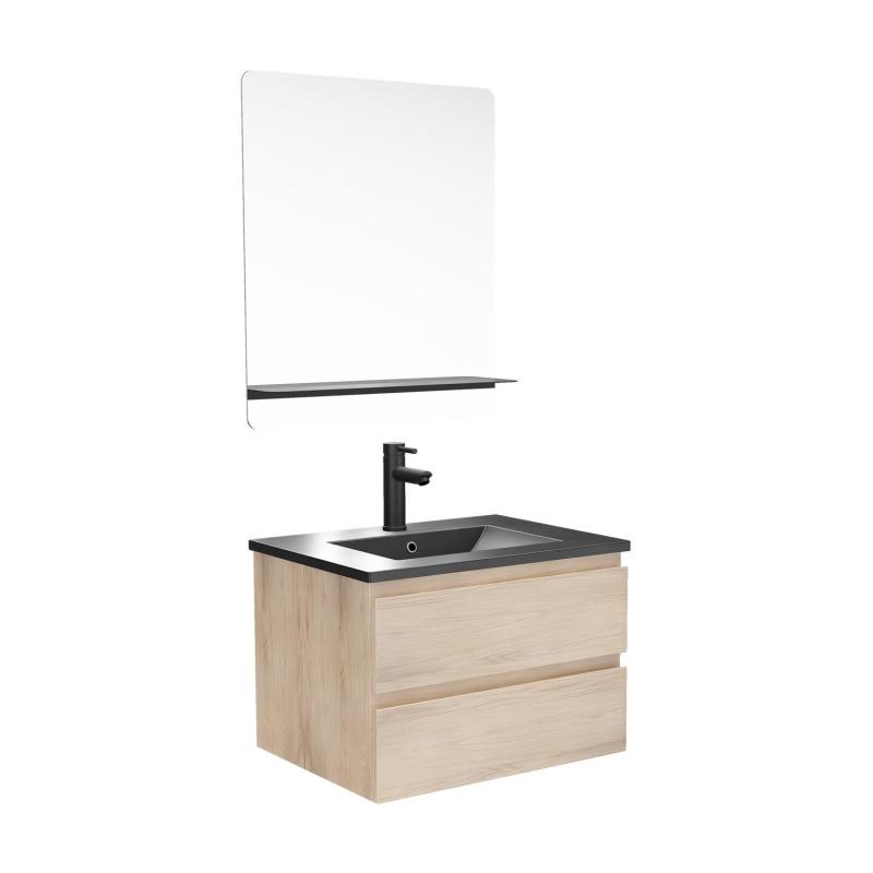 Ensemble meuble simple vasque 60cm décor chêne + vasque noire + robinet + miroir