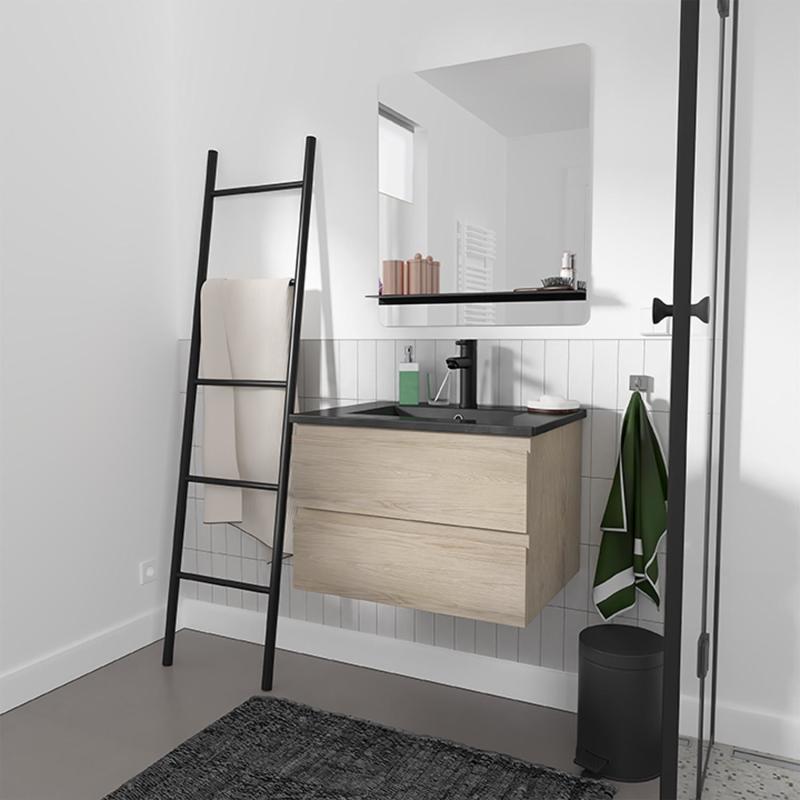 Ensemble meuble simple vasque 60cm décor chêne + vasque noire + robinet + miroir