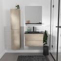 Ensemble meuble simple vasque 60cm décor chêne + vasque noire + robinet + miroir + colonne