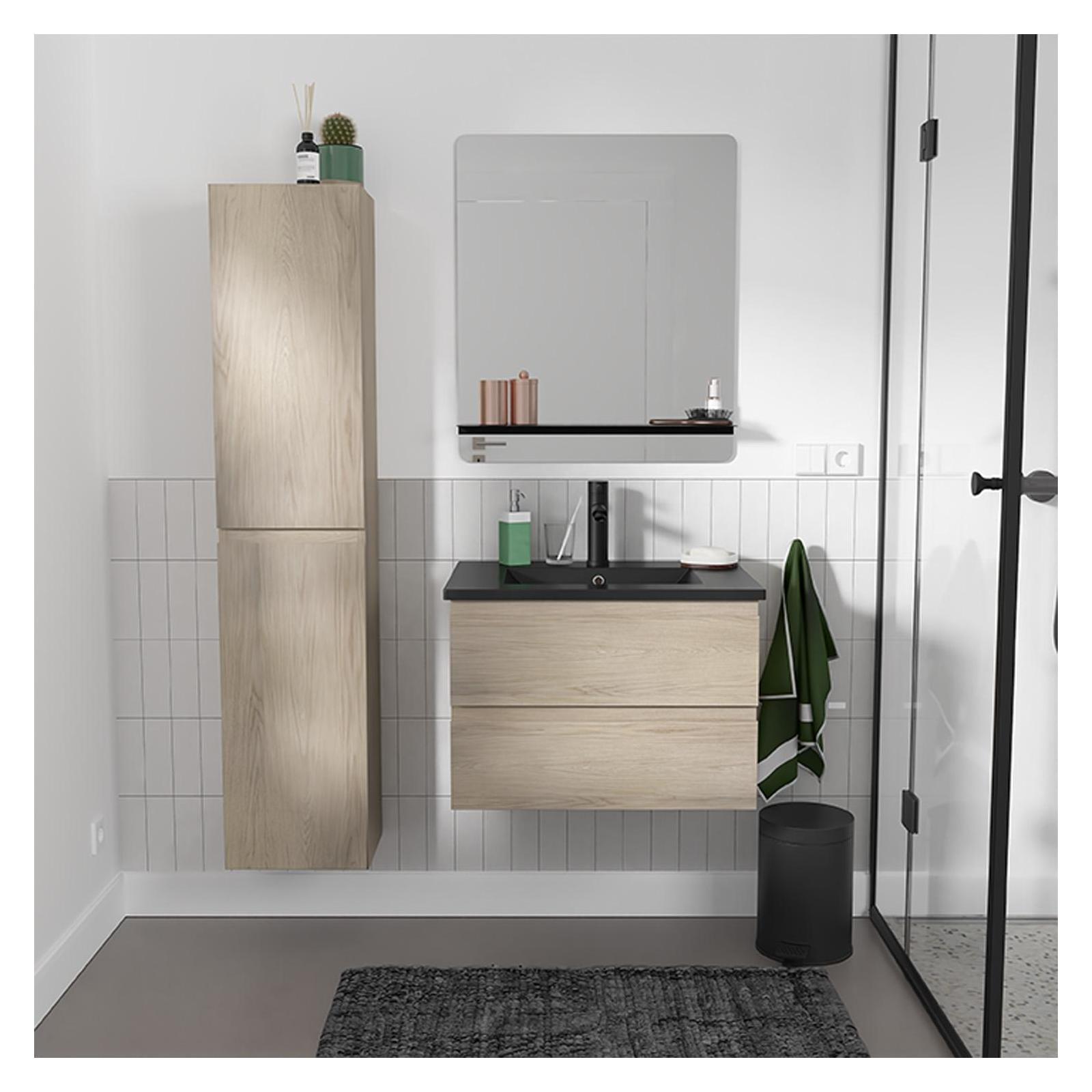 Ensemble meuble simple vasque 60cm décor chêne + vasque noire + robinet + miroir + colonne