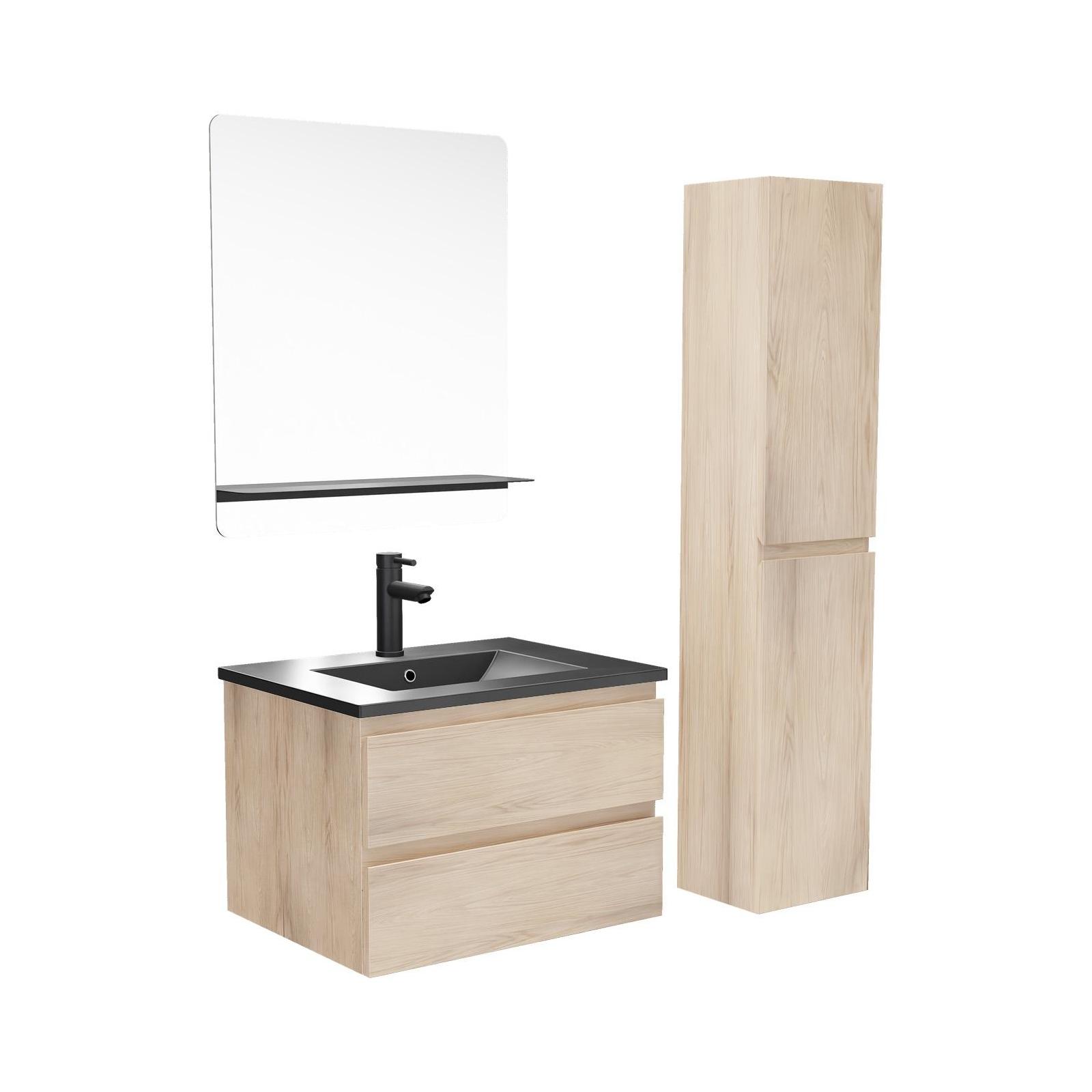 Ensemble meuble simple vasque 60cm décor chêne + vasque noire + robinet + miroir + colonne
