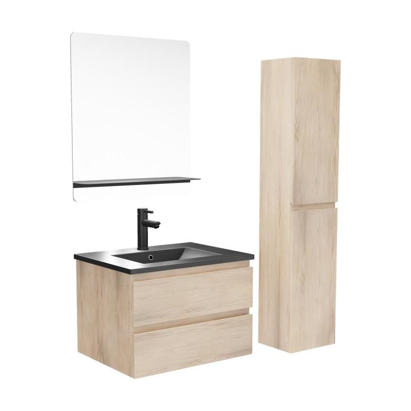 Ensemble meuble simple vasque 60cm décor chêne + vasque noire + robinet + miroir + colonne