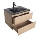 Ensemble meuble simple vasque 60cm décor chêne + vasque noire + robinet + miroir + colonne