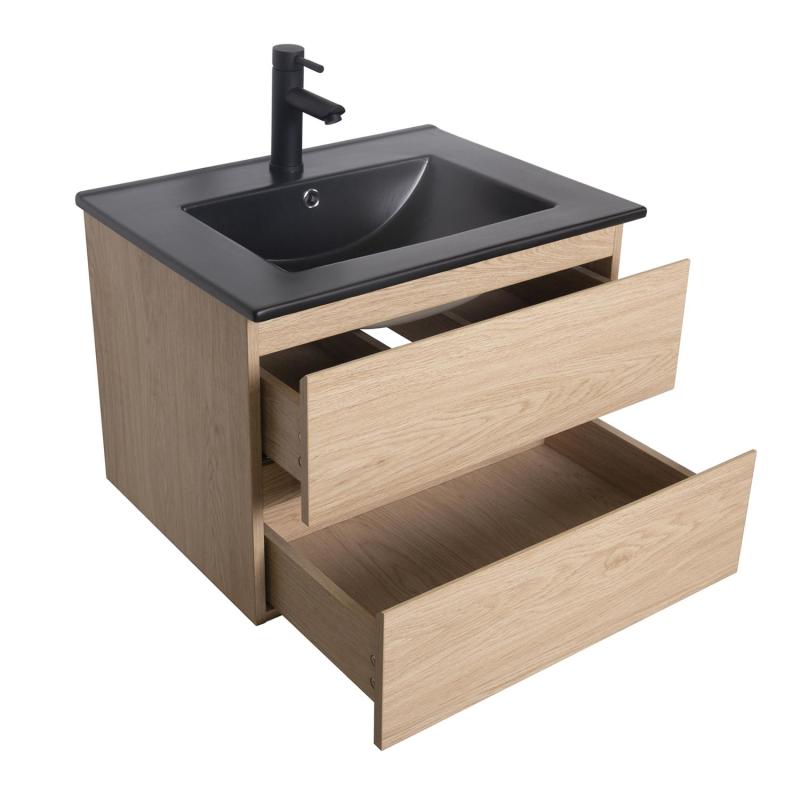 Ensemble meuble simple vasque 60cm décor chêne + vasque noire + robinet + miroir + colonne