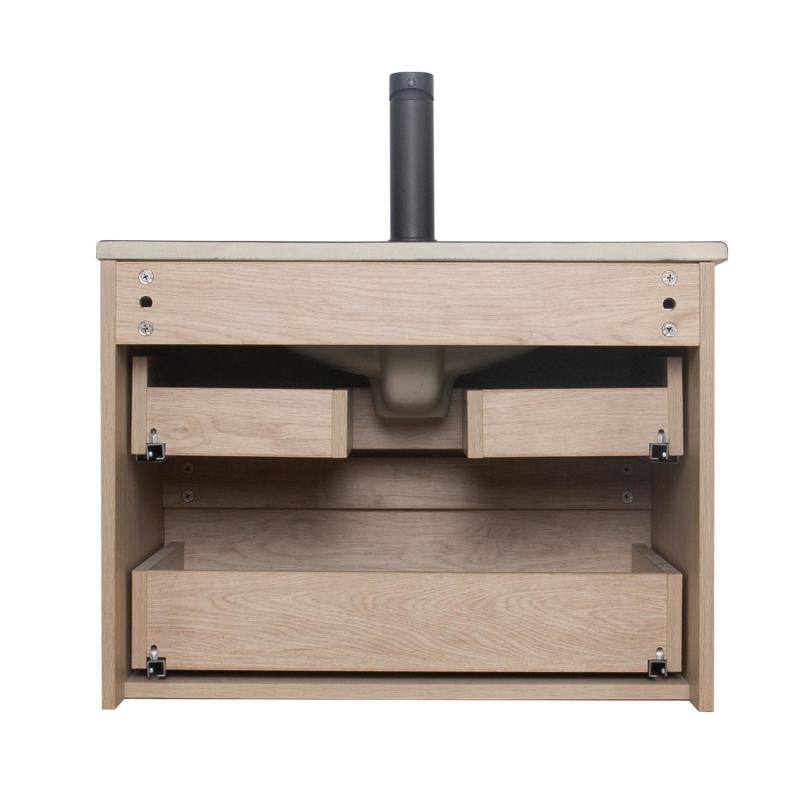 Ensemble meuble simple vasque 60cm décor chêne + vasque noire + robinet + miroir + colonne