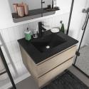 Ensemble meuble simple vasque 60cm décor chêne + vasque noire + robinet + miroir + colonne