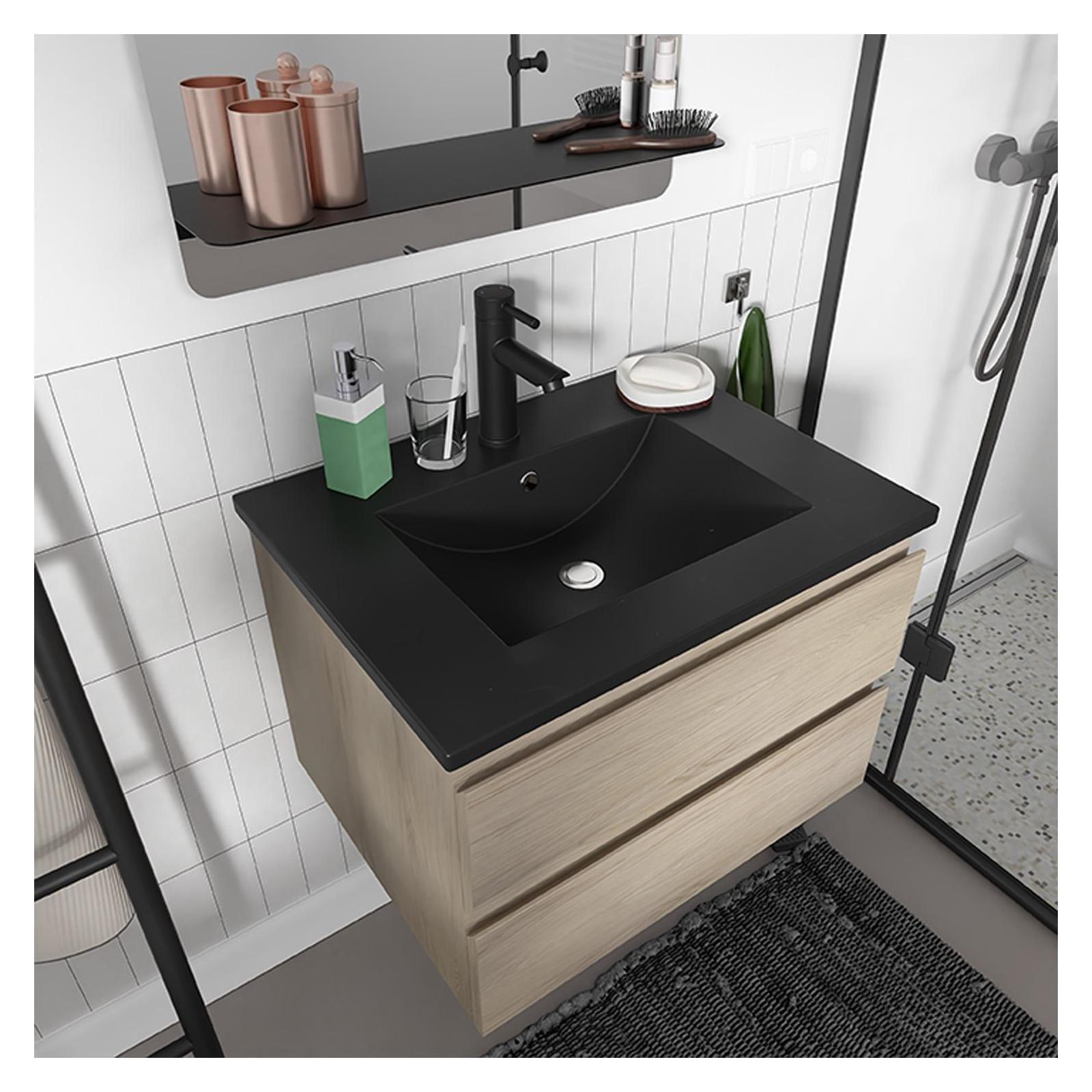 Ensemble meuble simple vasque 60cm décor chêne + vasque noire + robinet + miroir + colonne