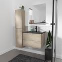 Ensemble meuble simple vasque 60cm décor chêne + vasque noire + robinet + miroir + colonne