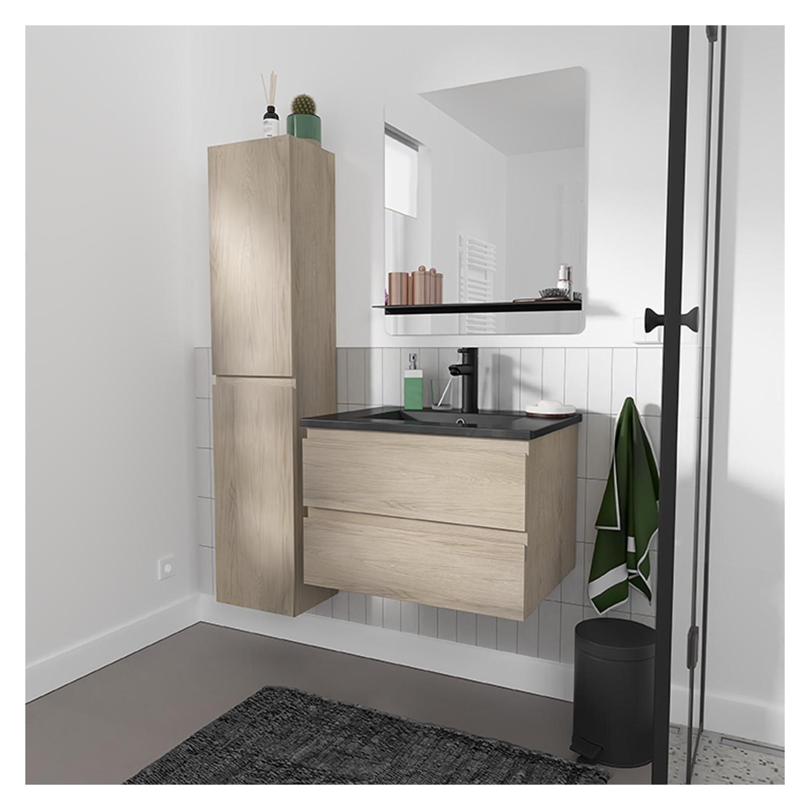 Ensemble meuble simple vasque 60cm décor chêne + vasque noire + robinet + miroir + colonne