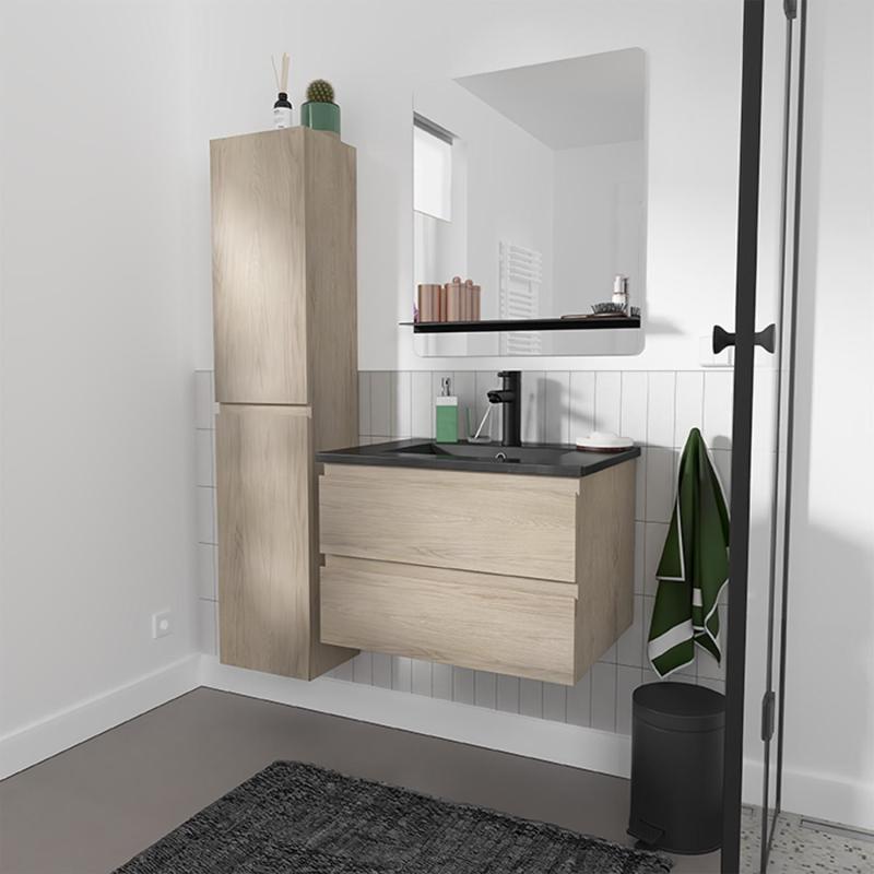 Ensemble meuble simple vasque 60cm décor chêne + vasque noire + robinet + miroir + colonne
