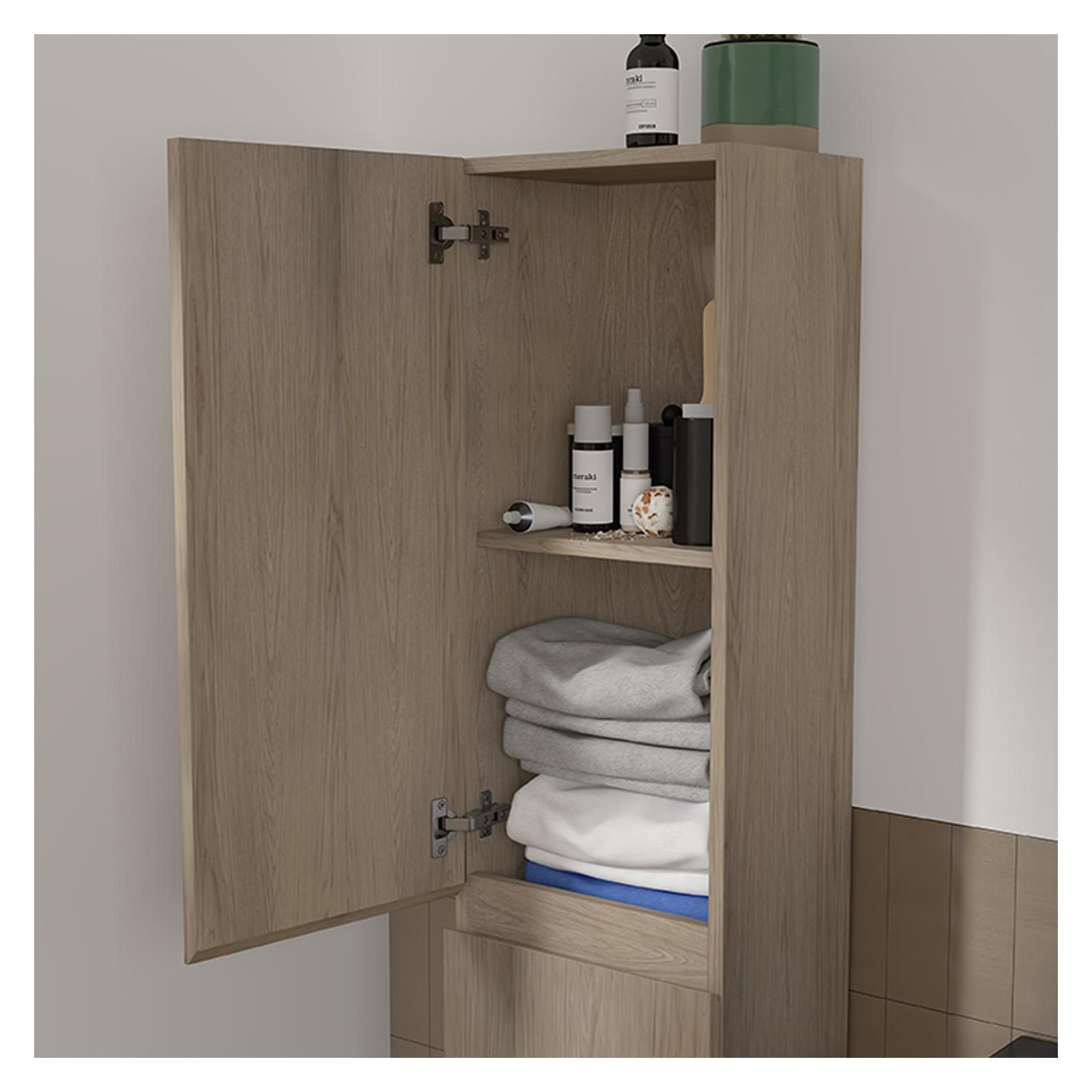 Ensemble meuble simple vasque 60cm décor chêne + vasque noire + robinet + miroir + colonne