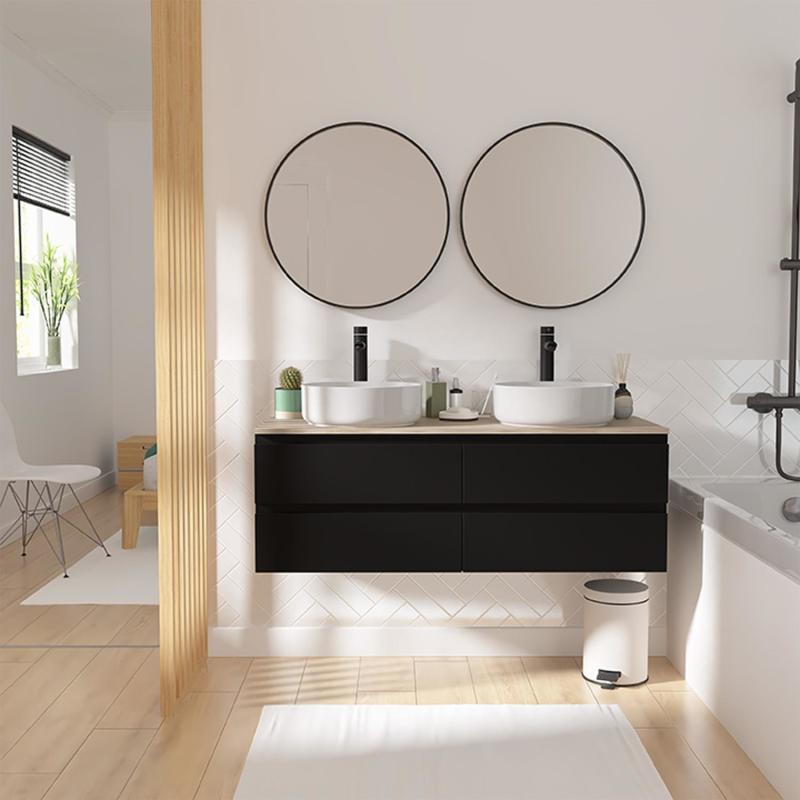 Ensemble meuble double vasque noir carbone  120cm  + 2 vasques + 2 miroirs + 2 robinets